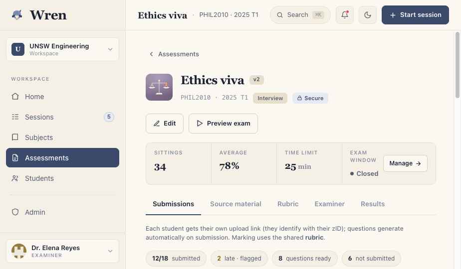 The Wren app: an assessment overview showing sittings, average score, time limit and the exam window.